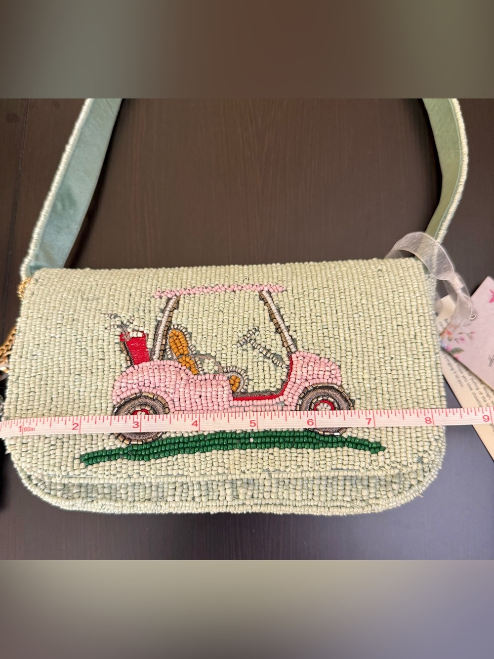 Handcrafted in India Beaded Pink Golf Cart on Light Mint. Golf bag charm. NWT - Picture 9 of 11